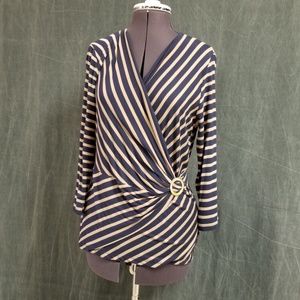 Striped knot top, crossover V-neck, blue and tan,